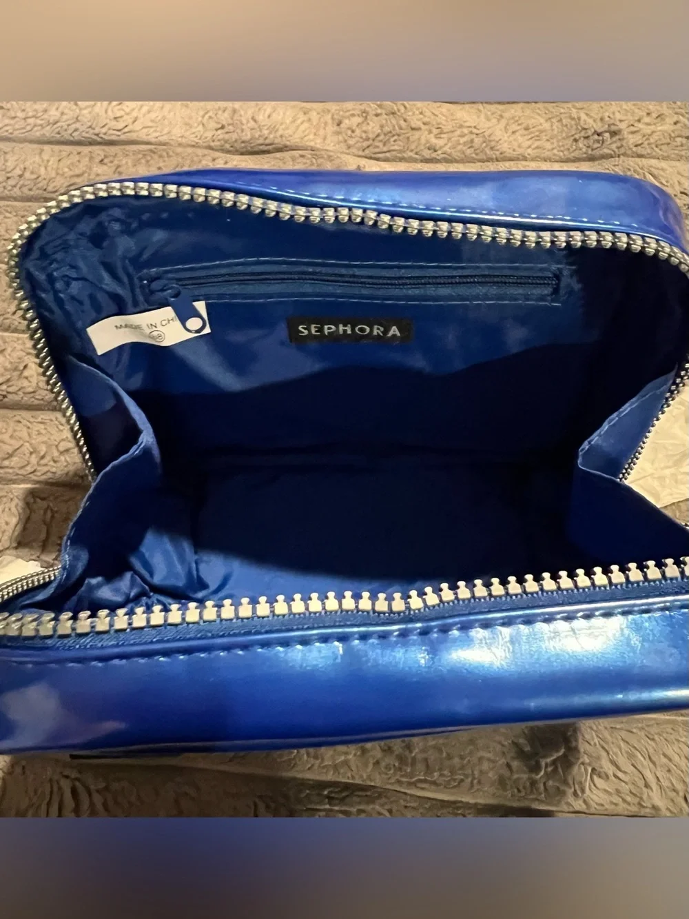 SEPHORA METALLIC BLUE QUILTED MAKEUP BAG CASE POUCH ZIPPER LIMITED EDITION NEW